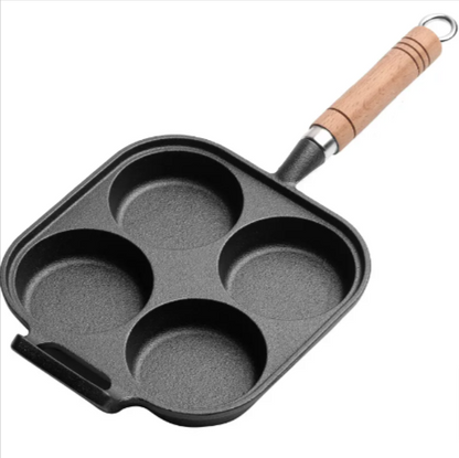 Cast Iron 4-Hole Omelette Pan – Wooden Handle, Includes Shovel & Brush