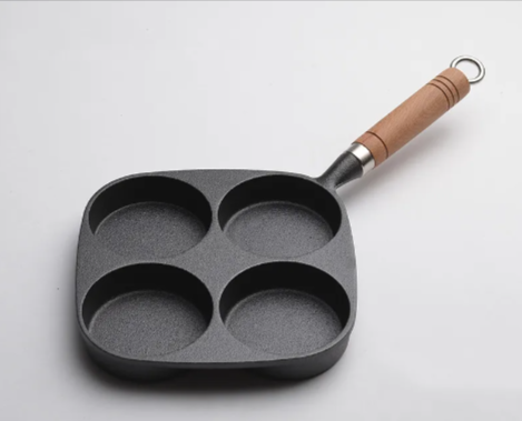 Cast Iron 4-Hole Omelette Pan – Wooden Handle, Includes Shovel & Brush