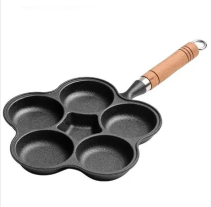 Cast Iron 4-Hole Omelette Pan – Wooden Handle, Includes Shovel & Brush