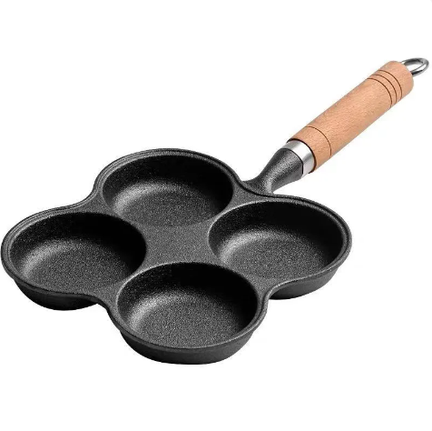 Cast Iron 4-Hole Omelette Pan – Wooden Handle, Includes Shovel & Brush