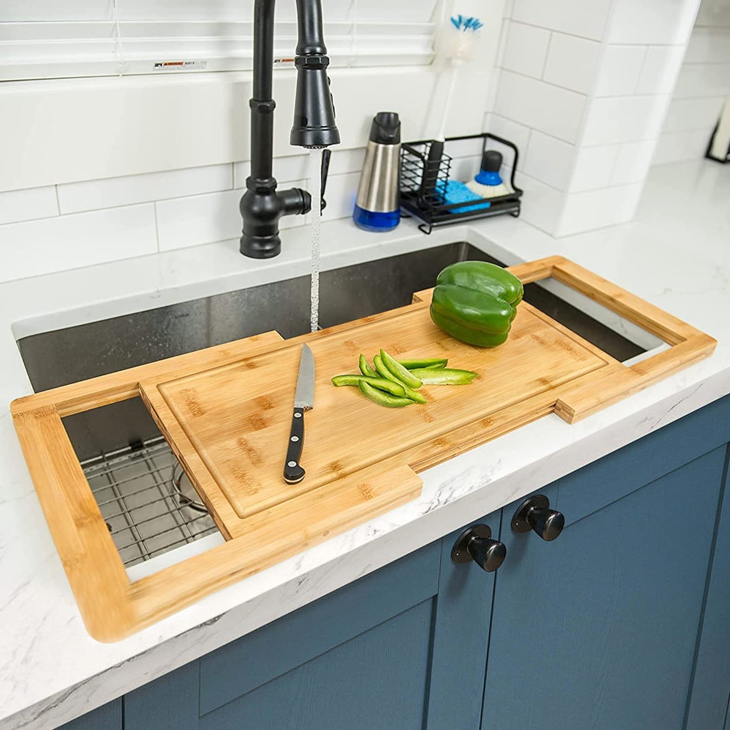 Hifybaty Expandable Over-the-Sink Bamboo Cutting Board with Juice Groove