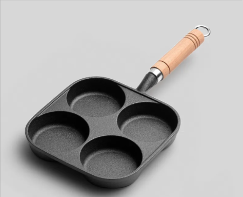 Cast Iron 4-Hole Omelette Pan – Wooden Handle, Includes Shovel & Brush