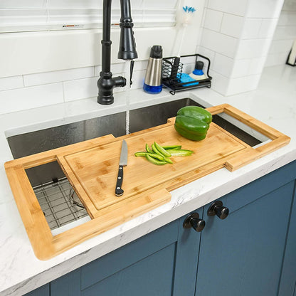 Hifybaty Expandable Over-the-Sink Bamboo Cutting Board with Juice Groove