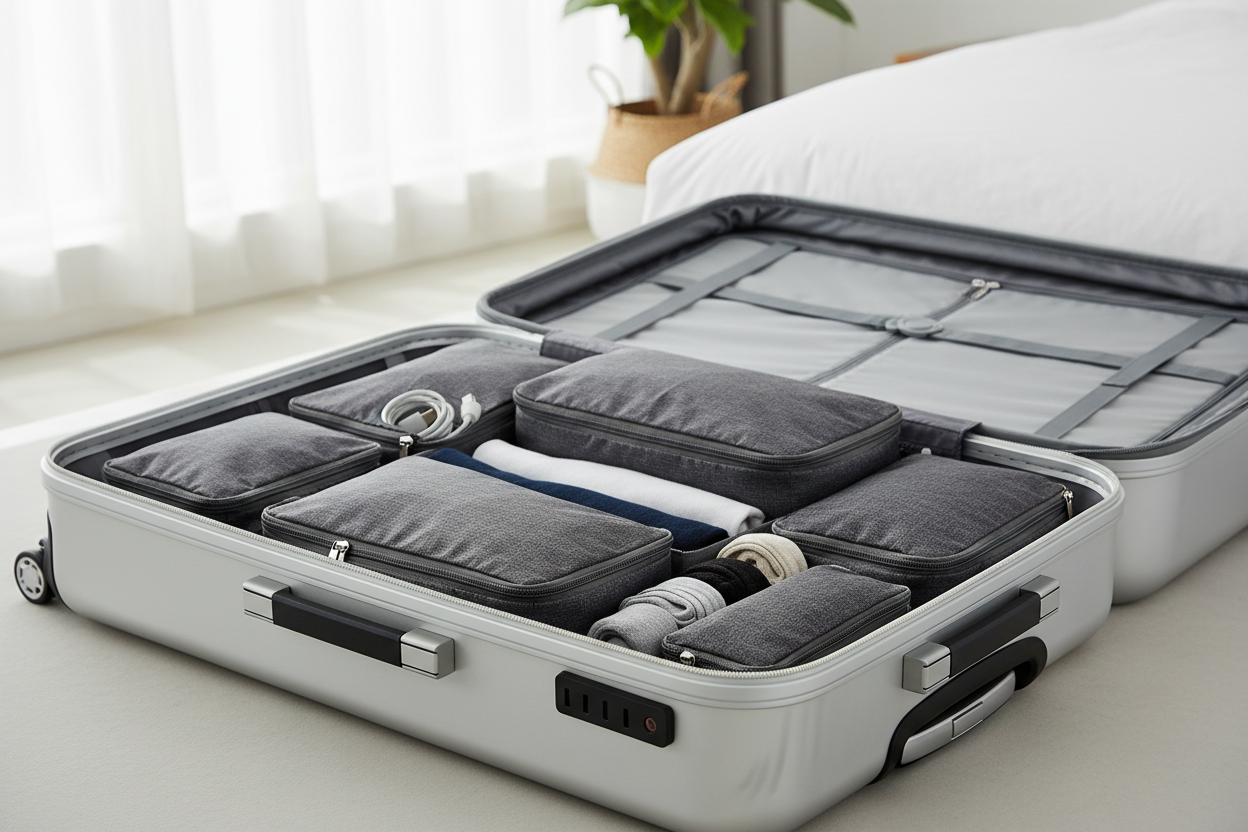 Packing cubes in open suitcase